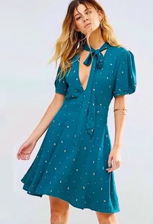 Free People Abbie Tie Reversible Green Peach Polka Dot Sheath Dress Womens 8 thumbnail 1