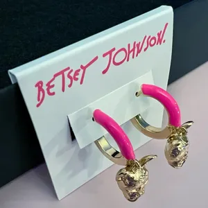 🐶BETSEY JOHNSON Frenchie Enamel Hoop Earrings / Gold Tone Hot Pink thumbnail 5
