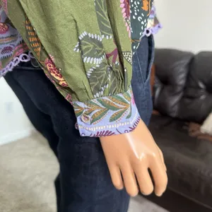 Farm Rio Blouse Top XS Green Jungle Fairy Boho Botanical Tropical‎ Praire Resort thumbnail 5