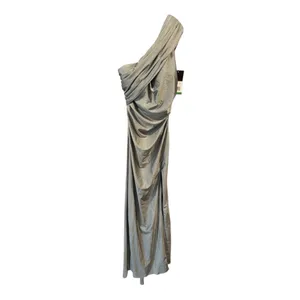 La Femme One Shoulder Shiny Ruched Jersey Dress Slit‎ Gown Silver Gray 6 thumbnail 5