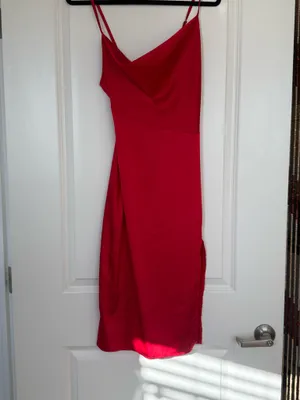Elegant Red Satin Cowl Neck Midi Slip Dress Formal Holiday XS thumbnail 3