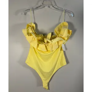 Altar'd State Bodysuit Women L Yellow New Ruffle Off‎ Shoulder thumbnail 9