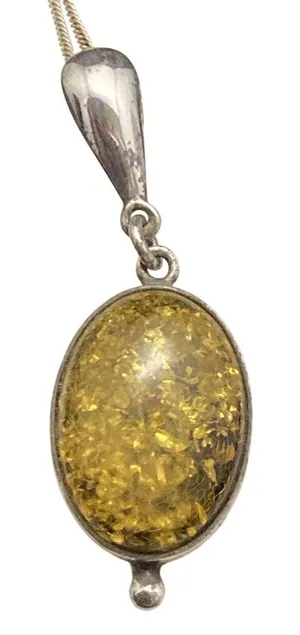 Vintage Oval‎ Green Baltic Amber Sterling Silver 925 Pendant 18'' Necklace 4.5g thumbnail 1
