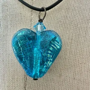 Blue glass heart pendant necklace sterling silver clasp on cord thumbnail 2