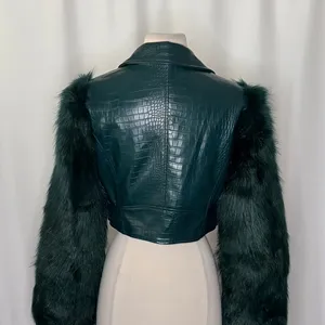 AZALEA WANG Nolla Faux Fur Arms Croc Moto Jacket Jade Green Vegan Leather Medium thumbnail 10