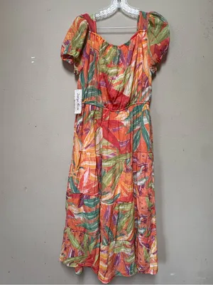 Tropical Floral Puff Sleeve Midi Dress Boho Resort Large NWT thumbnail 2