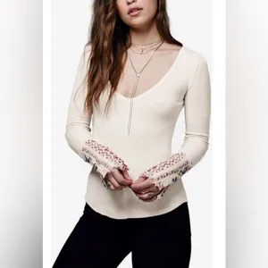 Free People We The Free Cream Waffle Knit Art School Cuff Long Sleeve Thermal thumbnail 13