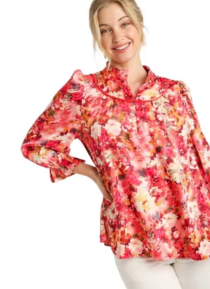 Umgee Pink Floral Satin Blouse with 3/4 Sleeves Size Large NWT thumbnail 1