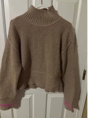By Together Tan Waffle Knit Mock‎ Neck Sweater Hot Pink Trim Womens Small thumbnail 1