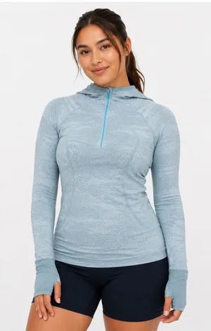 Lululemon Swiftly Speed Hooded Quarter 1/4 Zip Blue Thumbholes Gym‎ Womens 2 thumbnail 1