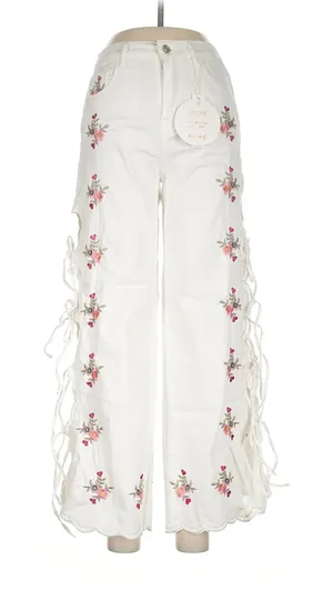 Zac & Zoe Paris White Floral Embroidered Wide Leg Lace Up Pants M 38 Boho Y2K thumbnail 1