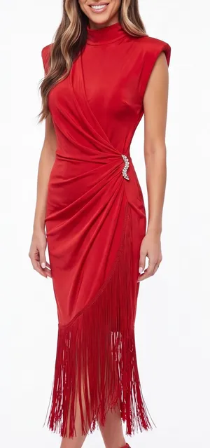 Vintage Fringe Asymmetric Midi Dress Mock Neck Wrap Gathered cocktail dress thumbnail 1