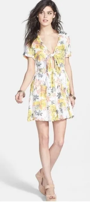 Free People Part Time Lover Floral Tie Front Mini‎ Dress Sz 4 yellow gray thumbnail 1
