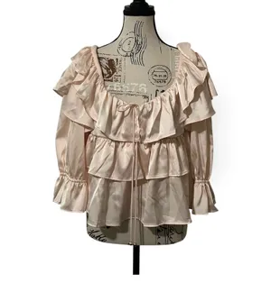Francescas Ella Ruffle Tiered Satin Blouse Pink Off Shoulder Coquette NWT Medium thumbnail 2