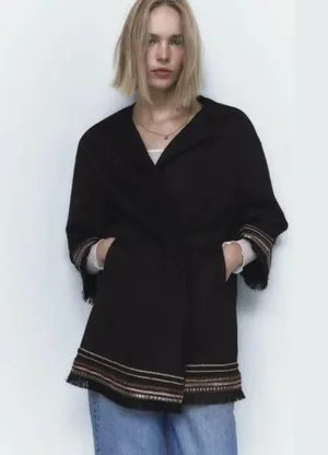 ZARA Women's L Combination Faux Suede Embroidered Jacket Boho Western Black thumbnail 16