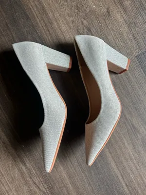 Silver, gray textured fabric pointed toe block heel court shoes thumbnail 4