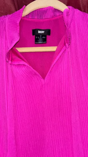 DKNY Pink Solid Pleated Shift Dress V-Neck Sleeveless  thumbnail 2