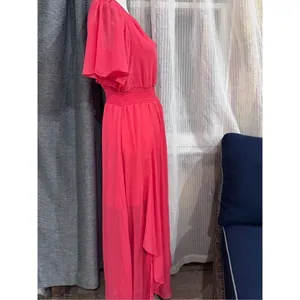 Express Womens coral Chiffon Maxi Dress V-Neck Smocked Waist Flutter Sleeve Med thumbnail 4