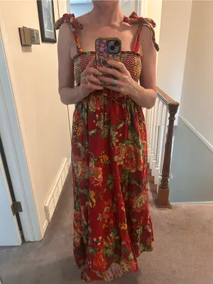 Red floral tie shoulder smocked sundress Size Medium thumbnail 10