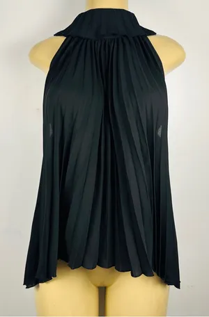 Zara Pleated High Neck Sleeveless Chiffon Top Sz M Black Swing Loose Shirt NWT thumbnail 1