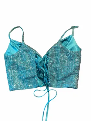 Rhinestone Bustier Corset Top Teal Blue Embellished Bralette Rave Festival Glam thumbnail 4