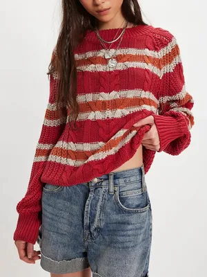 Free People Frankie Striped Cable Knit Sweater - Red Combo Stripes - Large thumbnail 1