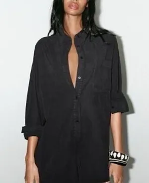 Zara Black Long Sleeve Button Front Short Romper Size Medium thumbnail 2