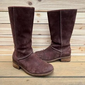 Y2K Brown Suede Leather Mid-Calf UGG Boots w/ Slight Heel and Lined Interior thumbnail 1