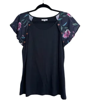 Maurices Floral Flutter Sleeve Top Black Multi Button Contrast thumbnail 1