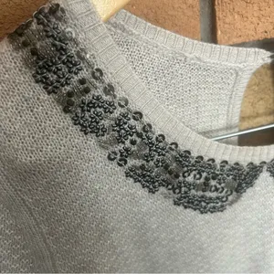 Free People Peter Pan Beaded Collar Sweater Top Size Medium Gray/Beige thumbnail 2