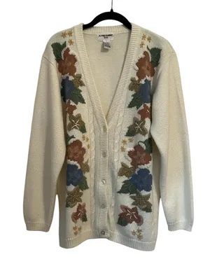 Vintage Cream Floral Embroidered Cardigan Sweater Cottagecore Forrest Fairy thumbnail 4