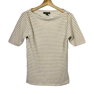 Lauren Ralph‎ Lauren Short Sleeve Rib Knit Top L Yellow White Stripe Preppy thumbnail 1