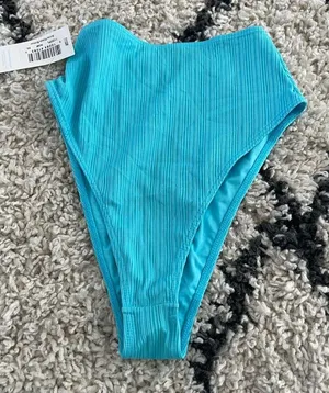 Frankies Bikinis Anne Plisse High Waisted Bikni Bottom in Aquamarine thumbnail 4