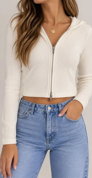 Brandy Melville Ivory Ribbed Cropped Zip Up Hoodie Fitted Y2K thumbnail 1