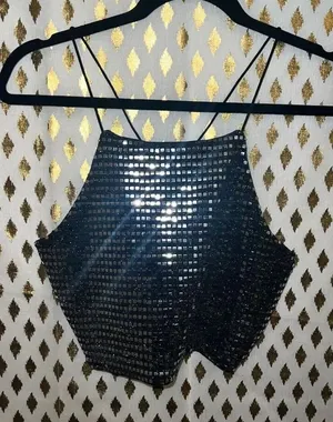 Paperoc Stappy crop top disco ball club raver silver shirt size L thumbnail 1