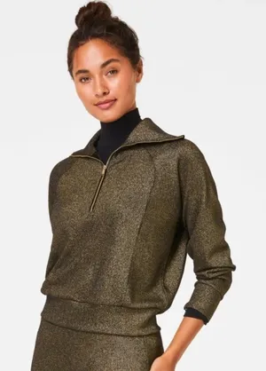 Spanx AirEssentials Half Zip Shimmer Very Black Gold Shine Knit V-Neck Sweater S thumbnail 1