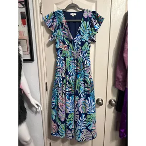 Entro Tropical Monstera Leaf Flutter Sleeve Tiered Midi Dress Maximalist‎ Resort thumbnail 3