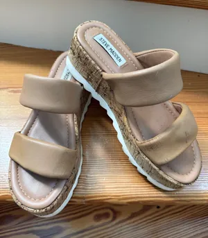 Steve Madden Tan Double-Strap Cork Platform Slides thumbnail 1