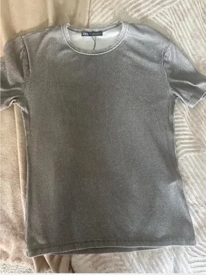 Zara women Metallic Silver Crew Neck T-Shirt thumbnail 6