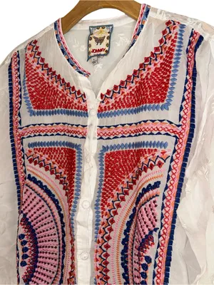 Johnny Was Women’s Size S White Pink Red Blue Embroidery Button Down Blouse thumbnail 8