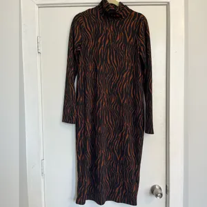 Zara Black Midi Dress Brown Black zebra tiger animal Print turtleneck longsleeve thumbnail 3