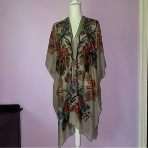 Tan Boho Floral Ruana Longline Shawl Lightweight Wrap thumbnail 15