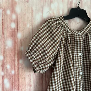 Unbranded Brown Gingham White Plaid Puff Sleeve Hi Lo Hem Button Front Top Sz S thumbnail 3