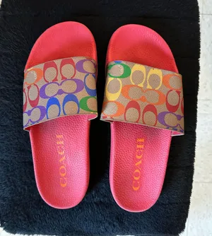 Coach Udele Slide Sandals Rainbow Canvas Multi Pop Red thumbnail 1