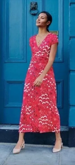 Boden Womens‎ Lily Jersey Faux Wrap Pop Peony Meadow Dress Red Floral Size 6 thumbnail 1