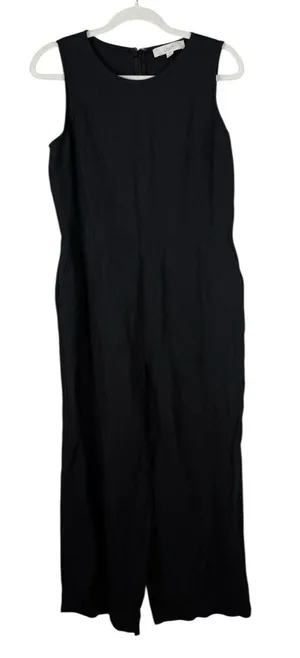 Loft Women's Jumpsuit Black‎ Linen Blend Sleeveless Wide Straight Pockets Size 8 thumbnail 1