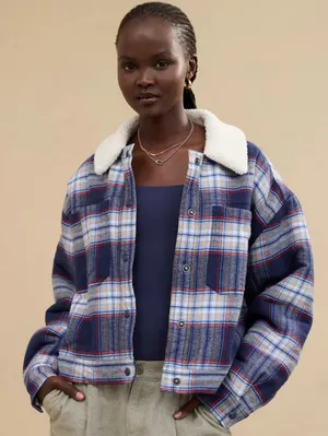 Aerie Cropped Plaid Sherpa-Lined Jacket in Navy thumbnail 1