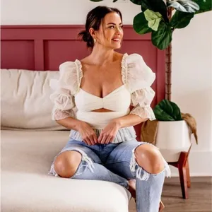 NEW LPA Dolores Top S Ivory Sheer Dot Puff Sleeve Cutout Pleated Peplum Tulle thumbnail 5