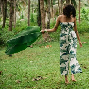 billabong Green Leaf Print Cropped Jumpsuit Wide Leg Size Medium Cotton blend thumbnail 5