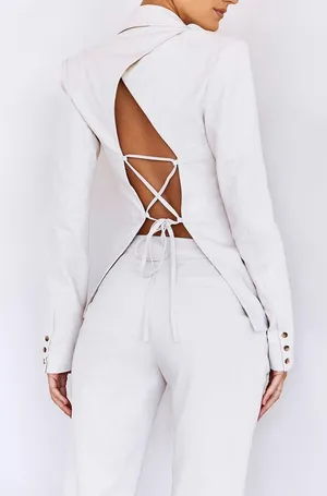 House Of CB Being White Open Back Lace Up Suit blazer Jacket Top Blouse Shirt thumbnail 5